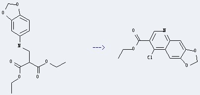 1,3-Dioxolo[4,5-g]quinoline-7-carboxylicacid, 8-chloro-, ethyl ester can be prepared by diethyl [(3,4-methylenedioxyanilino)methylene]malonate.
